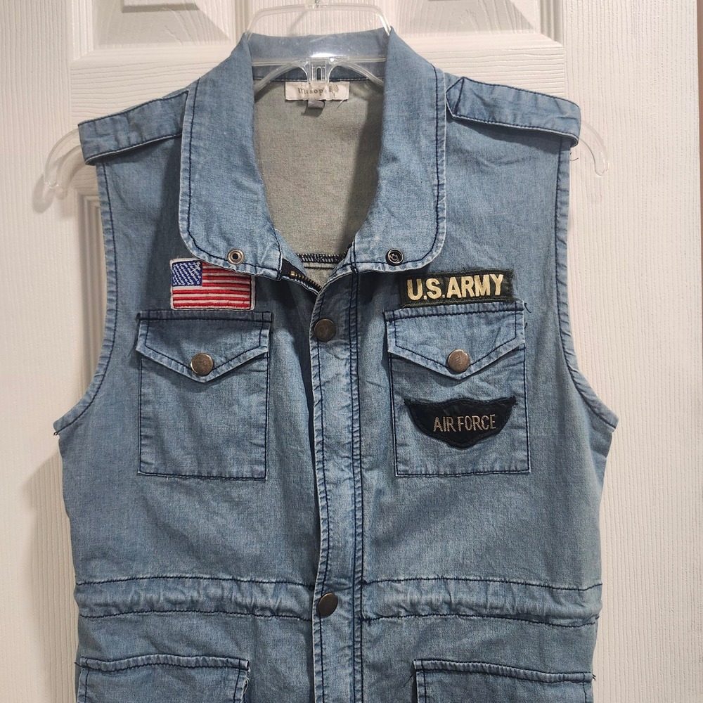 Misope Denim Utility Vest Military Patches Light Wash Blue Small J1154 - Picture 2 of 8